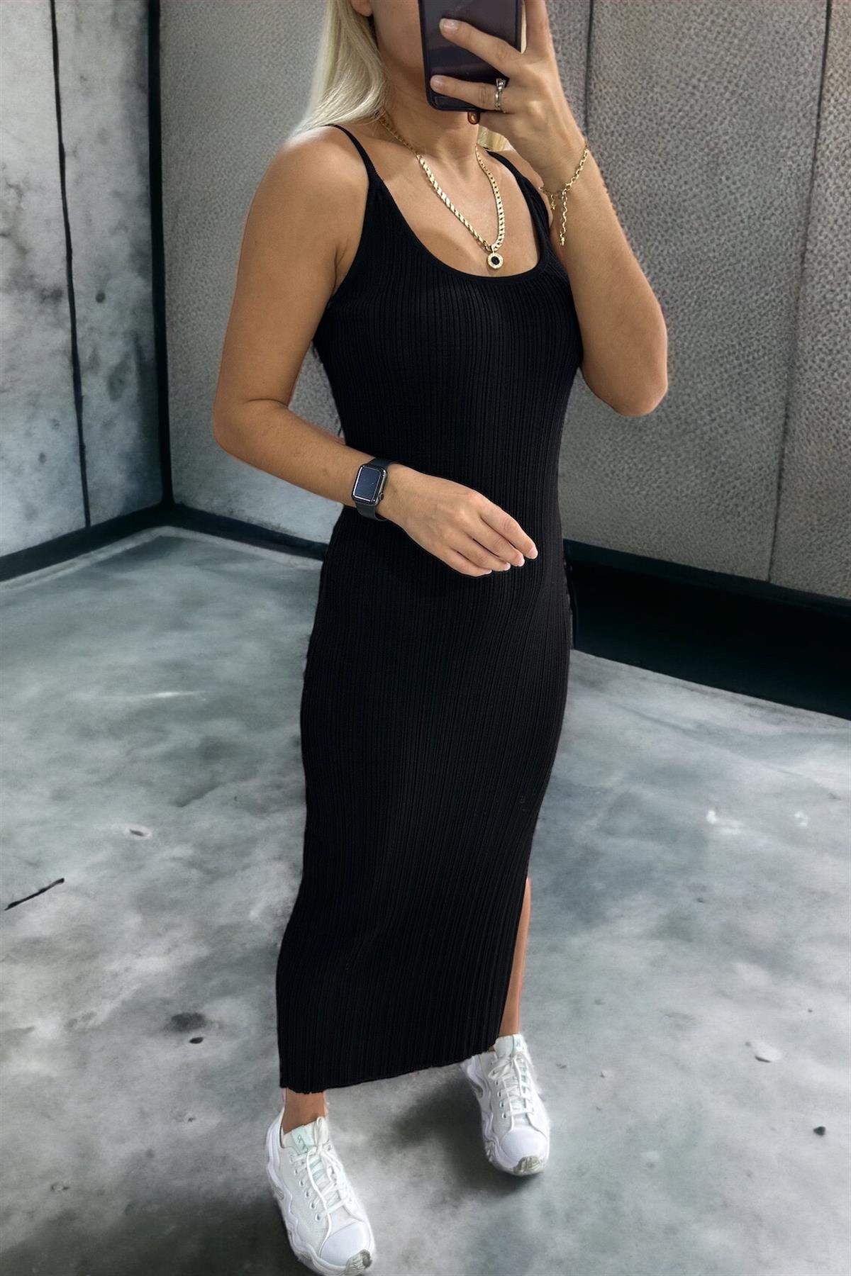 İnce Askılı Örme Siyah ElbiseELBİSE