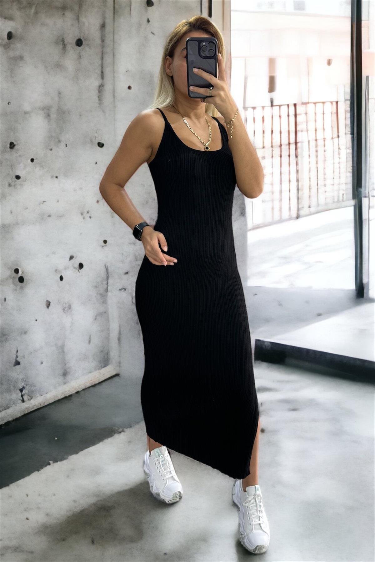 İnce Askılı Örme Siyah ElbiseELBİSE