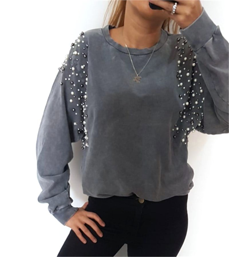 İncili Taşlanmış Füme Sweatshirt
