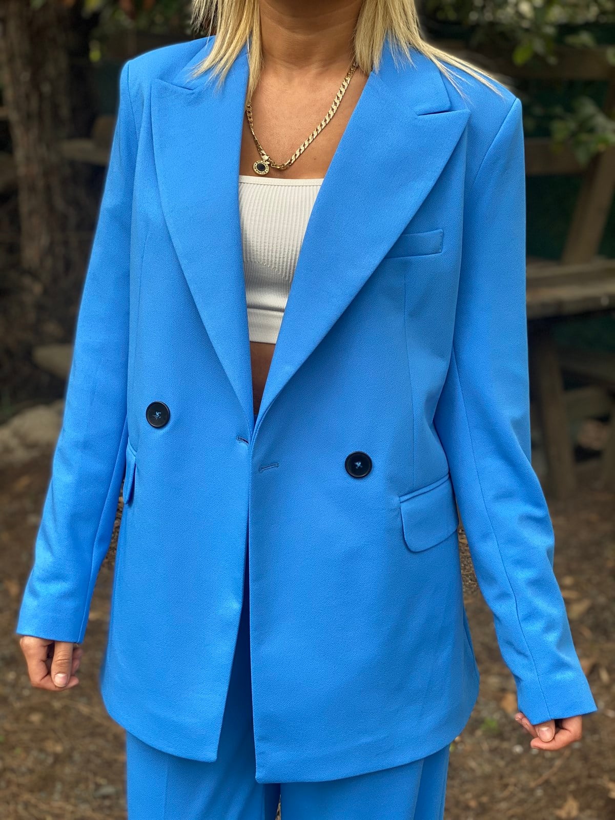 İndigo Mavi Blazer Ceket Palazzo Pantolon TakımTAKIMLAR