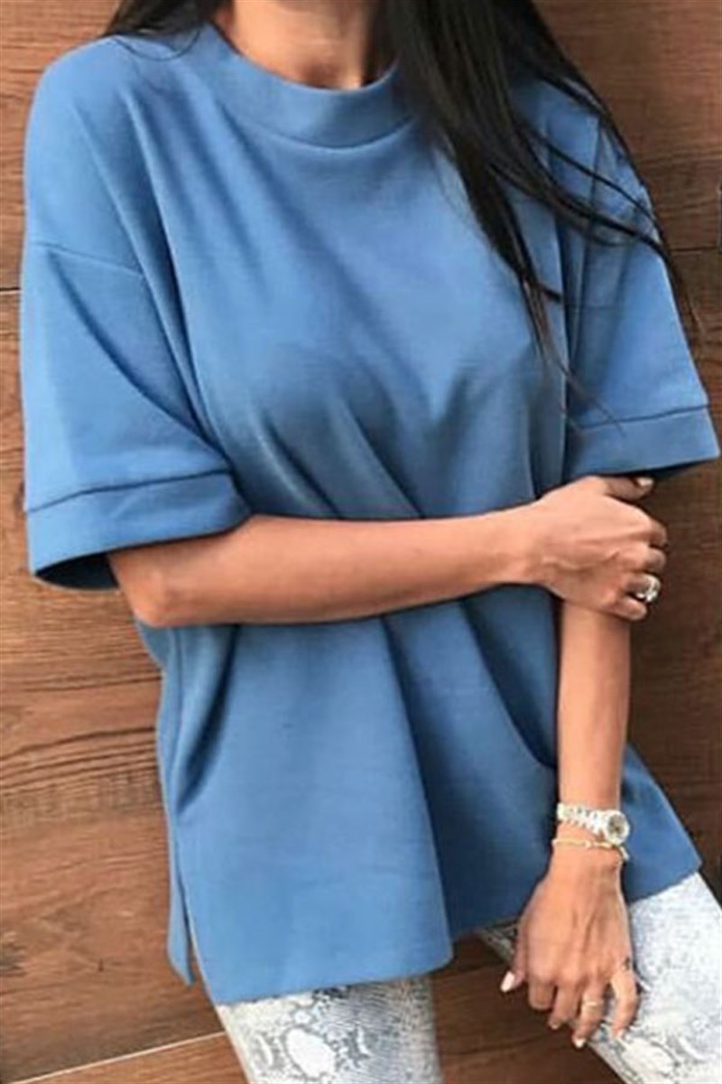 İndigo Mavi Kısa Kollu Sweatshirt