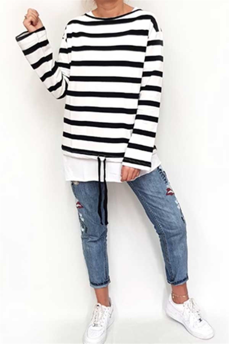 İp Büzgülü Çizgili Sweatshirt