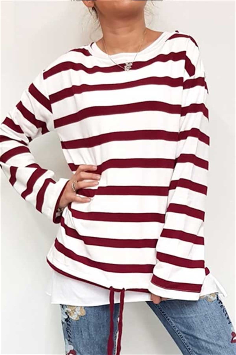 İp Büzgülü Çizgili Sweatshirt