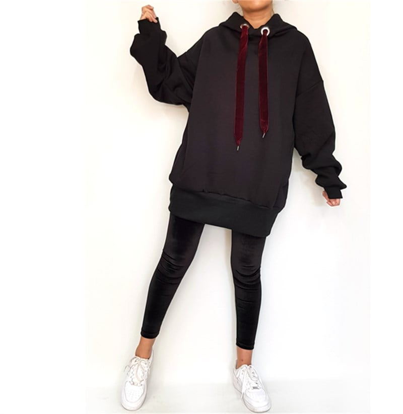 Kadife İpli Kapşonlu Salaş Sweatshirt