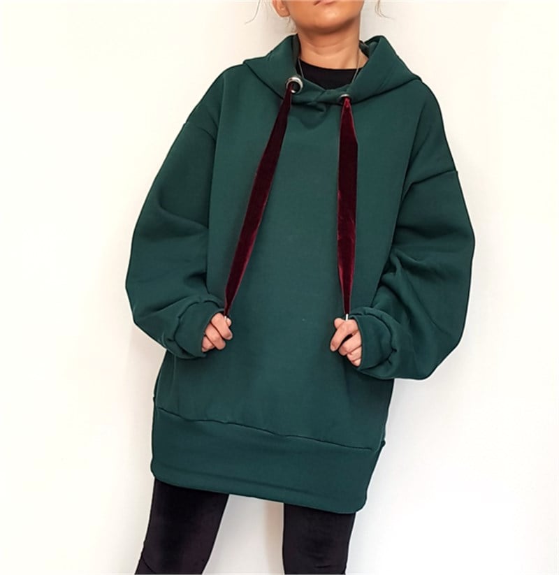 Kadife İpli Kapşonlu Salaş Sweatshirt