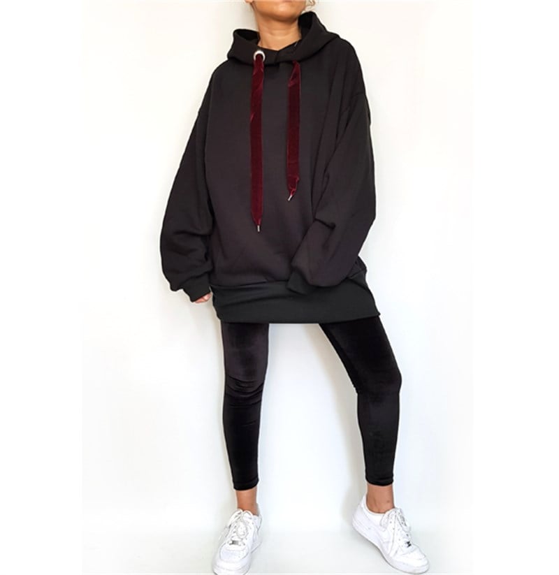 Kadife İpli Kapşonlu Salaş Sweatshirt