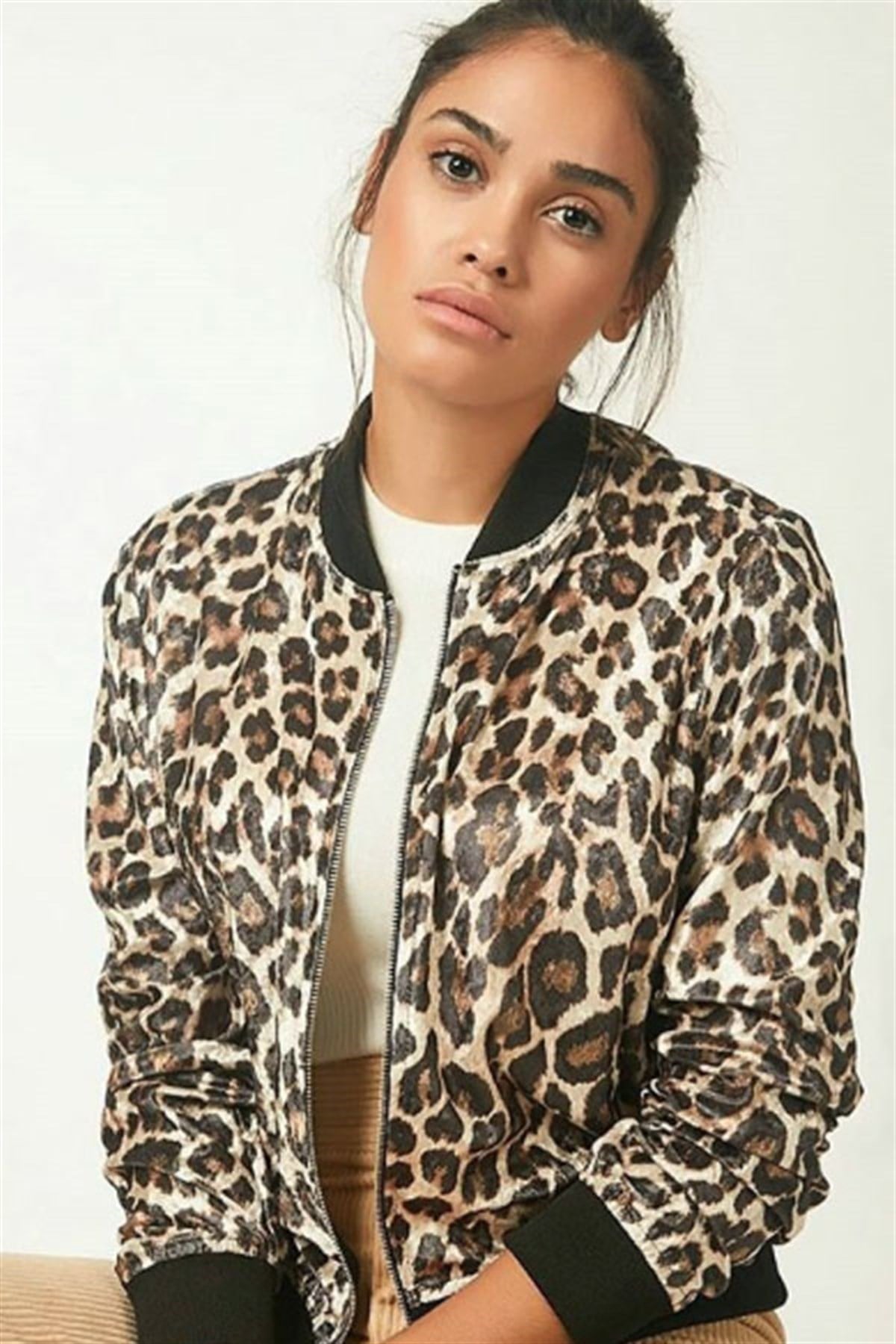 Kadife Leopar Desenli Bomber Mont