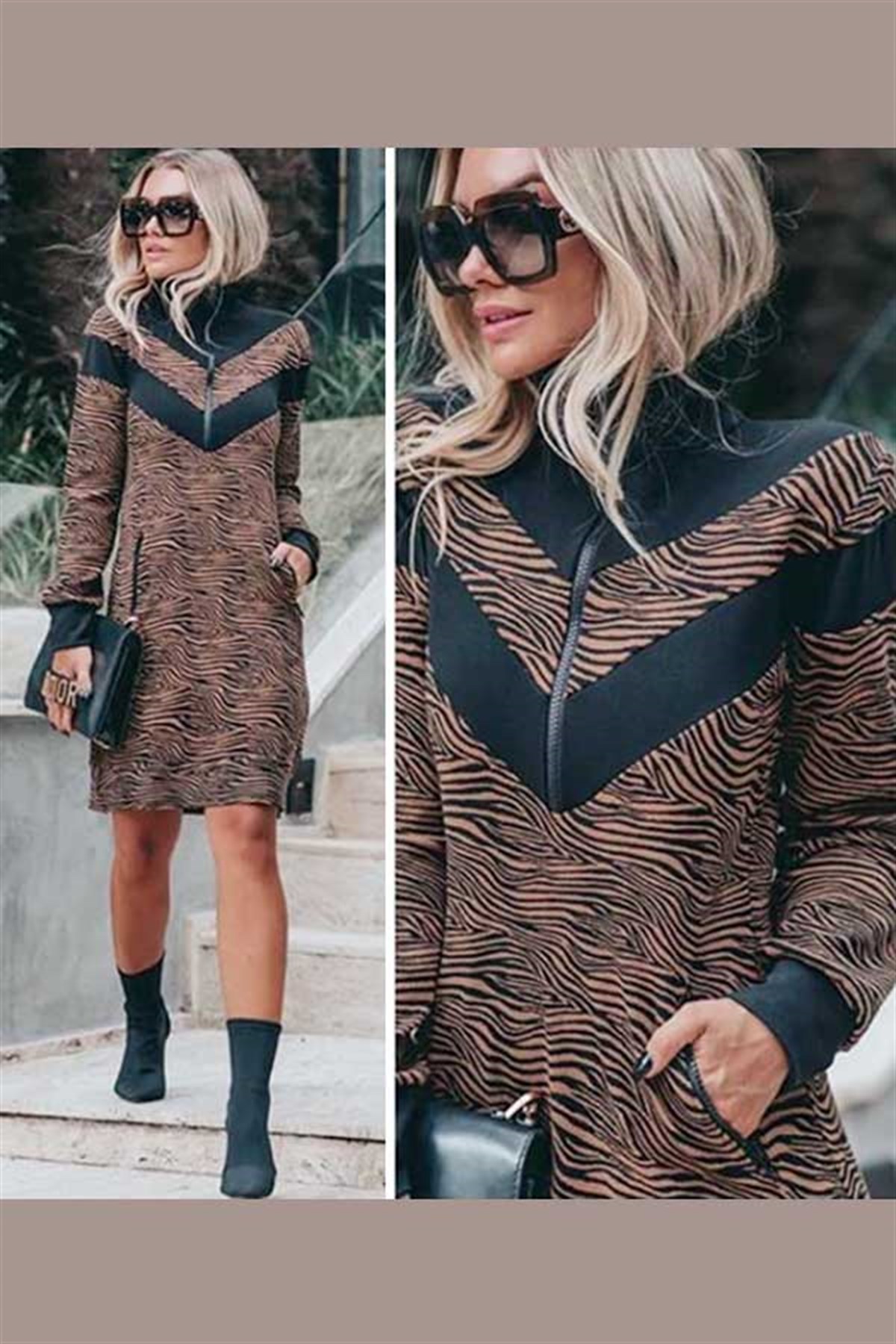 Kahve Zebra Desen Fermuar Detay Elbise