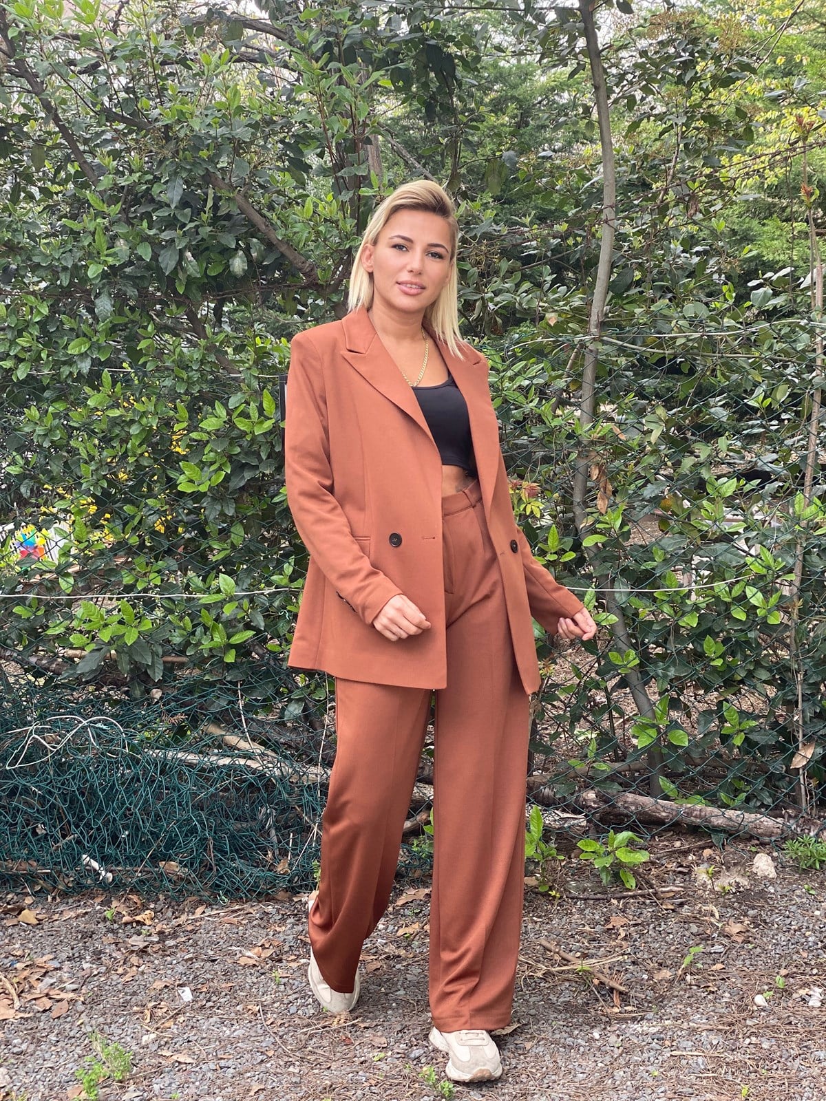 Kahverengi Blazer Ceket Palazzo Pantolon TakımTAKIMLAR