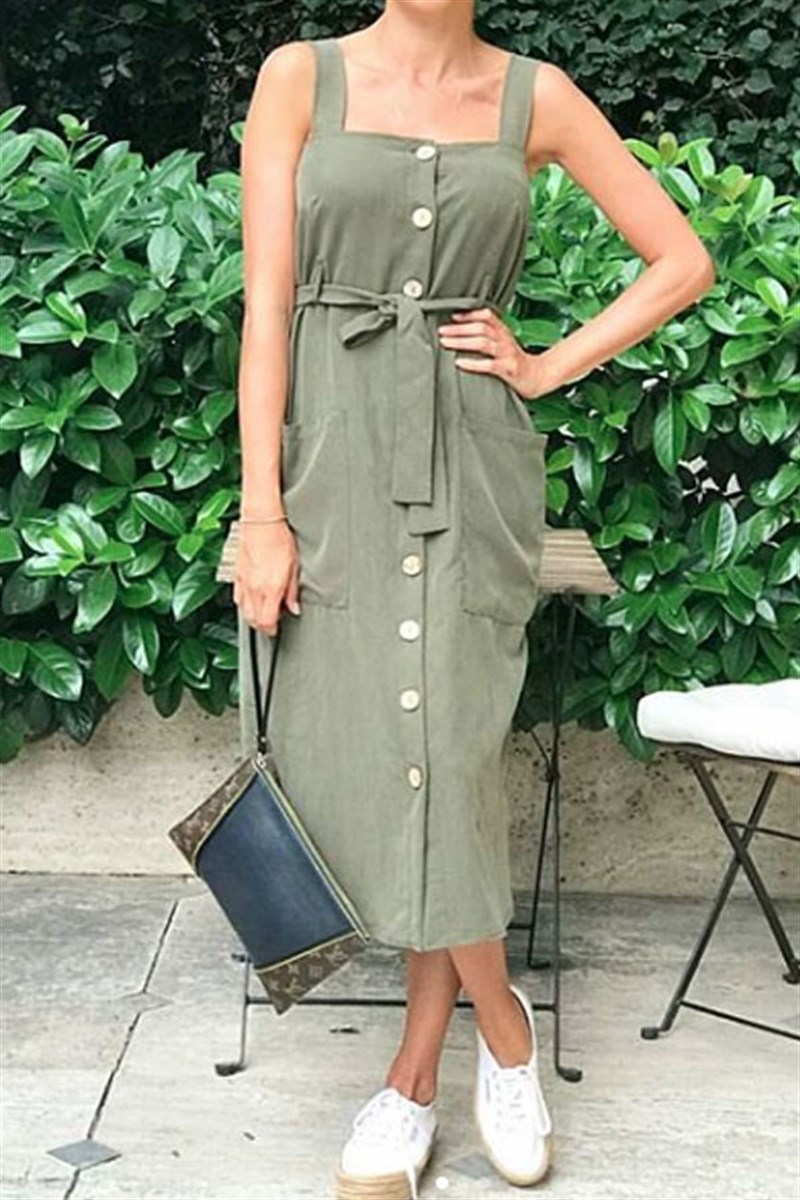 Kalın Askılı Düğmeli Tansel Elbise