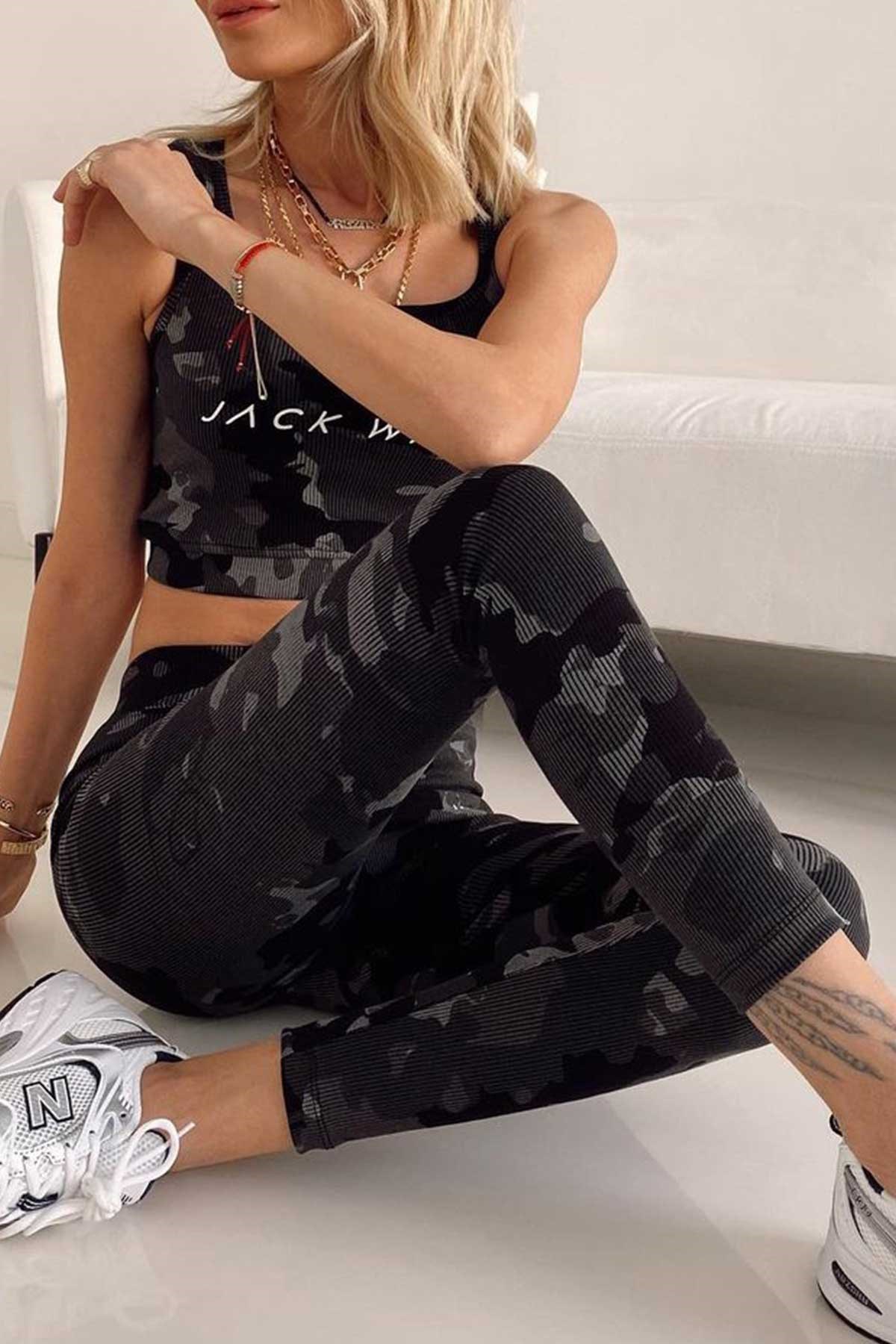 Kamuflaj Desen Tayt Crop Takım