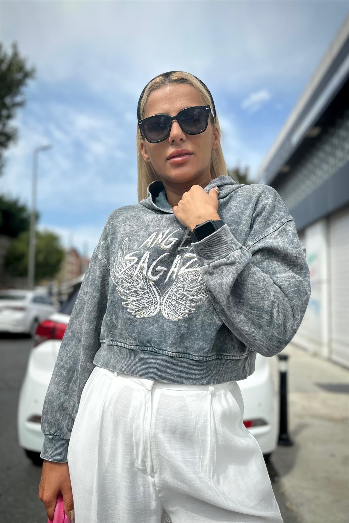Kapişonlu Yıkamalı Mini SweatshirtSWEATSHİRT