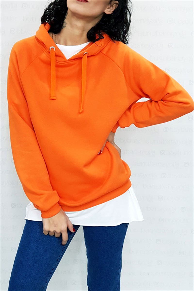 Kapşonlu Basic Turuncu Sweatshirt
