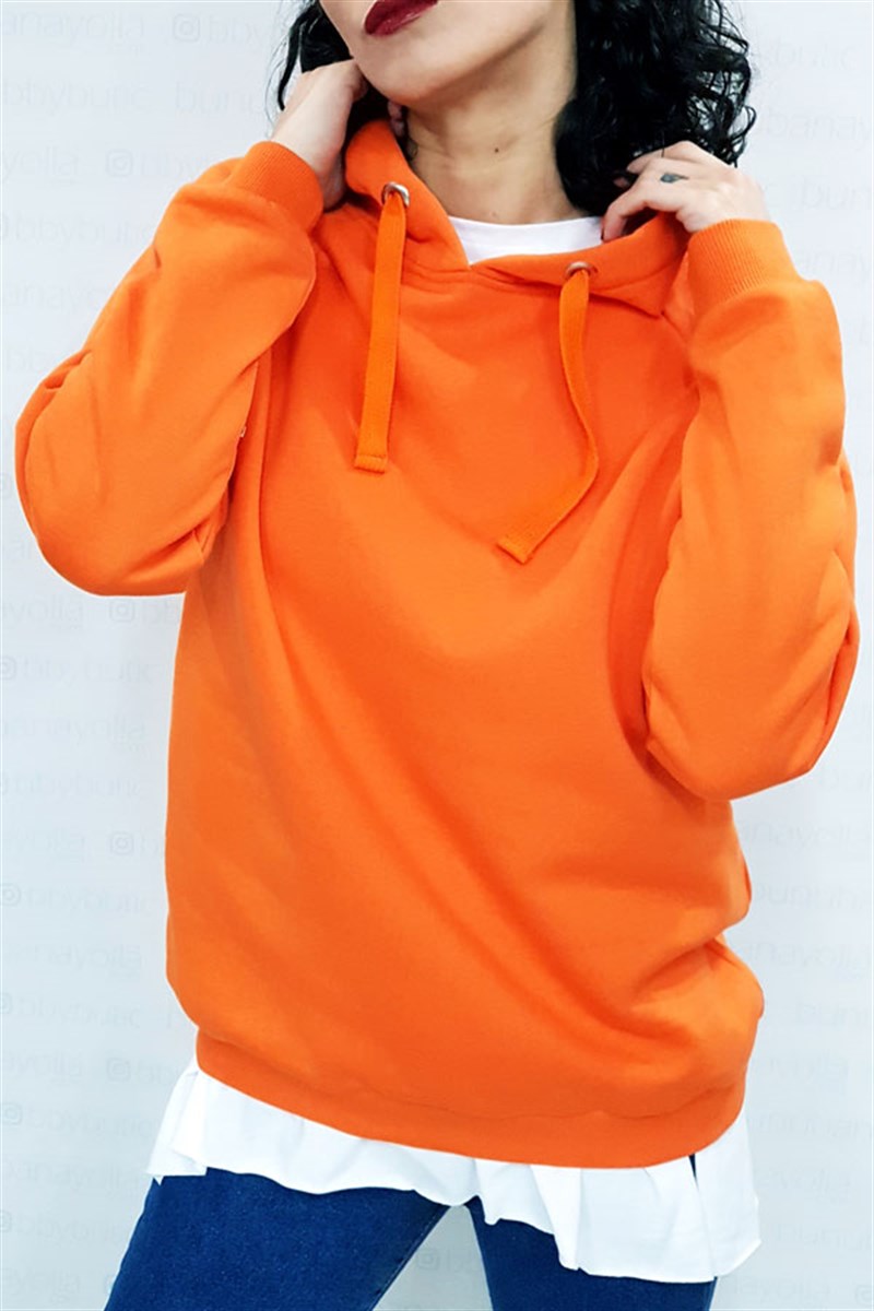 Kapşonlu Basic Turuncu Sweatshirt