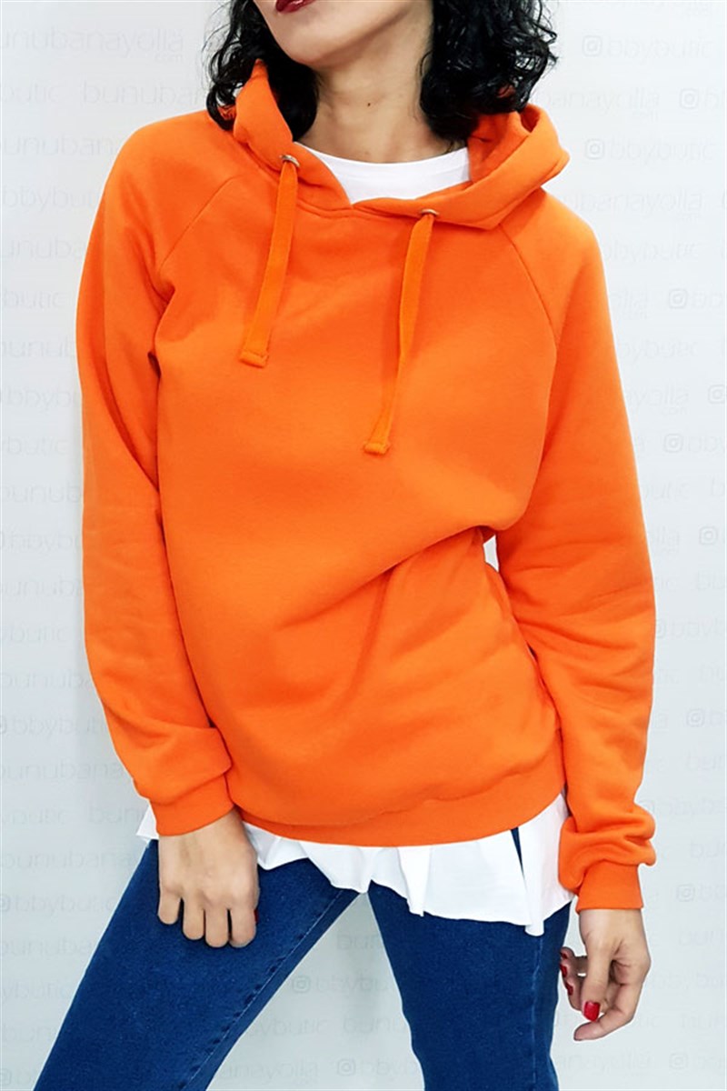 Kapşonlu Basic Turuncu Sweatshirt