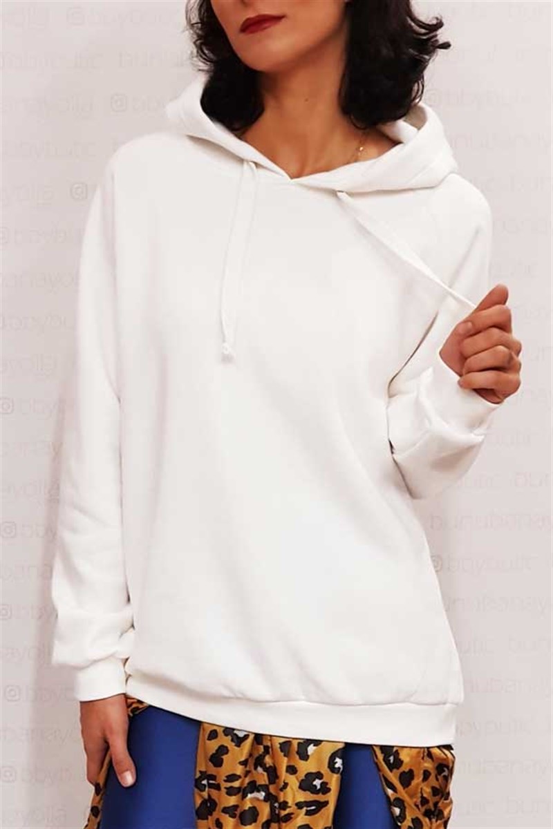 Kapşonlu Beyaz Basic Sweat