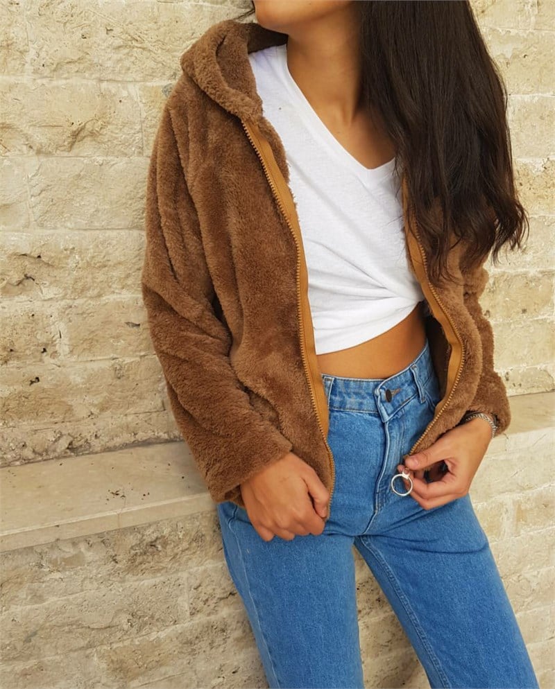 Kapşonlu Fermuarlı Peluş Sweatshirt