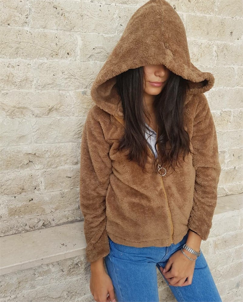 Kapşonlu Fermuarlı Peluş Sweatshirt
