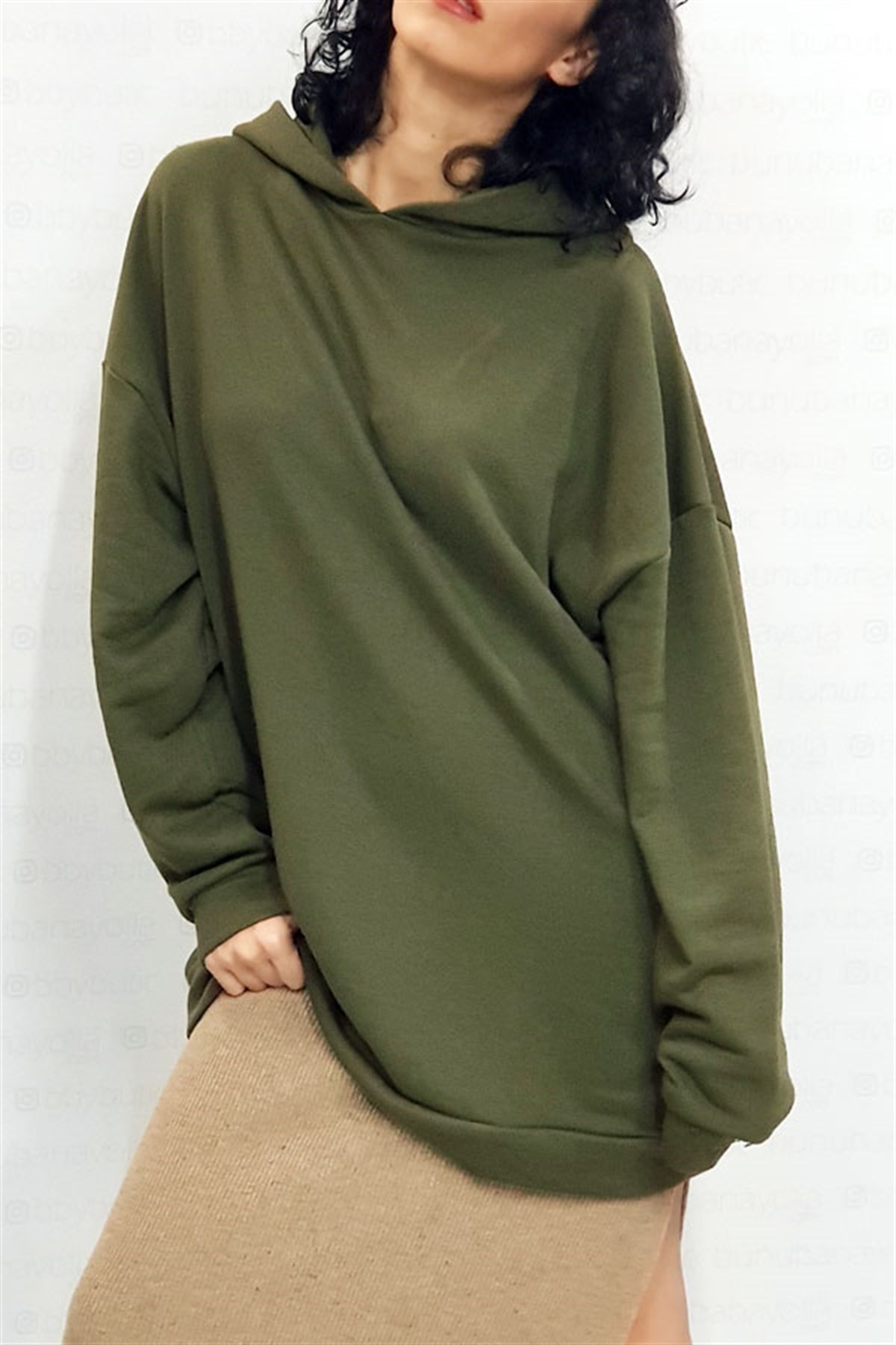 Kapşonlu Haki Yeşil Tunik Sweatshirt
