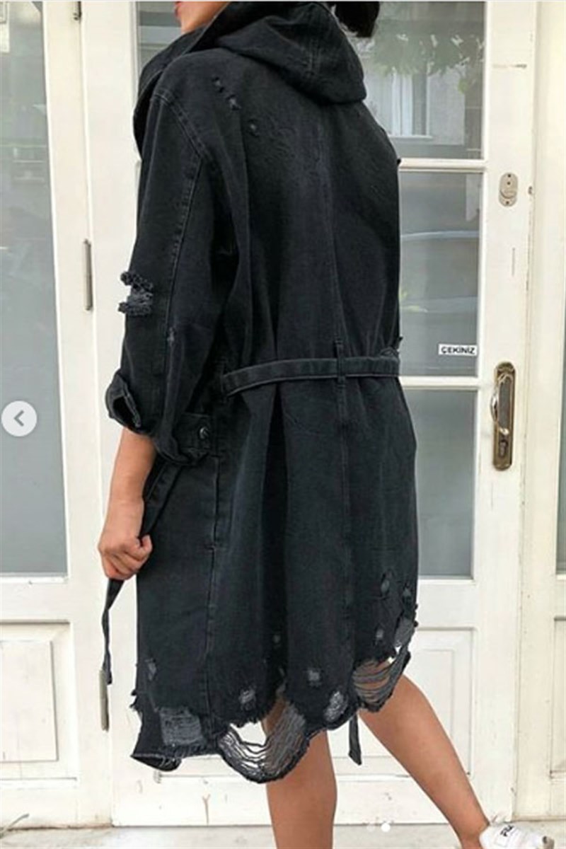 Kapşonlu Yırtıklı Oversize Denim Ceket
