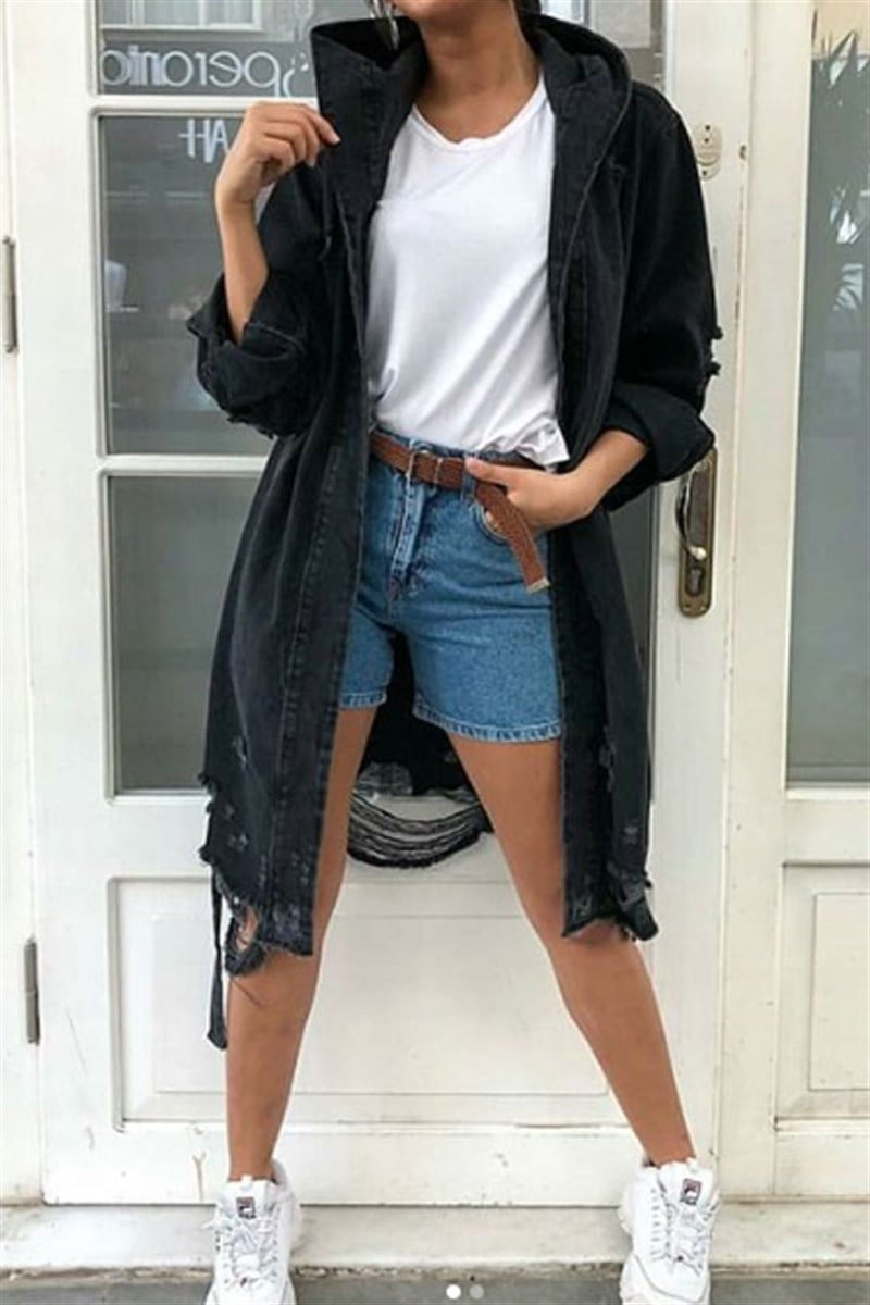 Kapşonlu Yırtıklı Oversize Denim Ceket