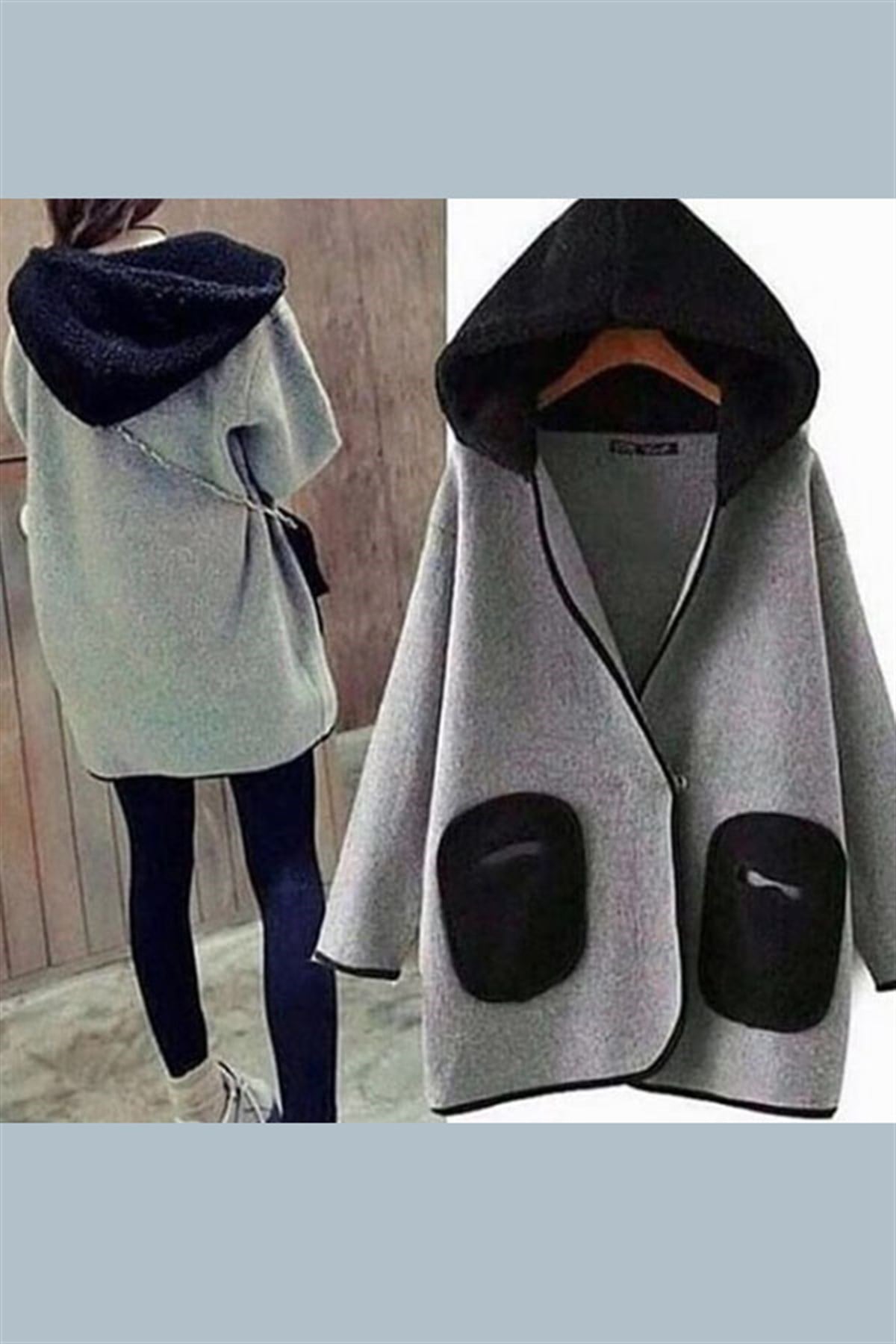Kapşonu Cebi Siyah Polar Ceket