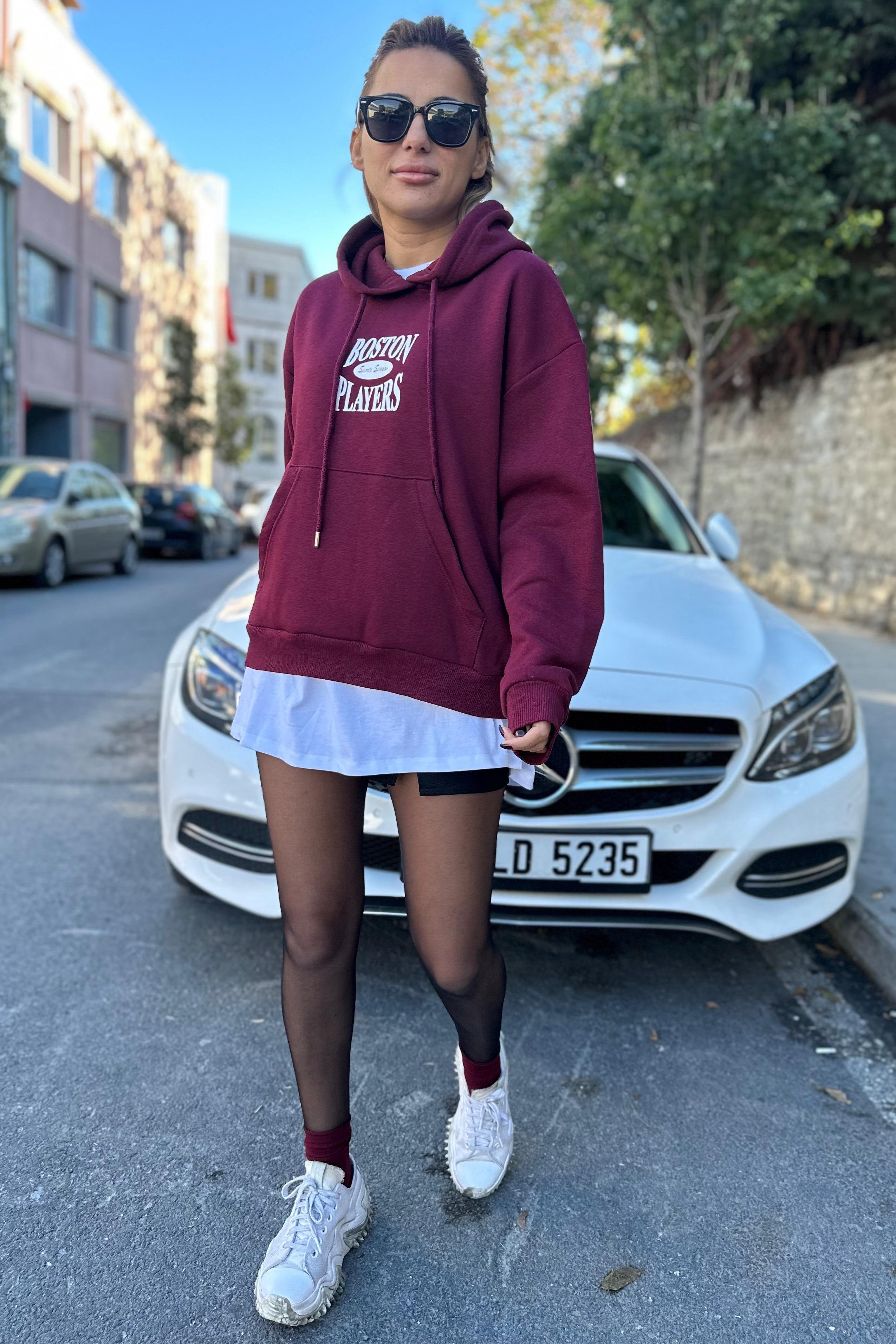 Kapüşonlu Boston Bordo SweatshirtSWEATSHİRT