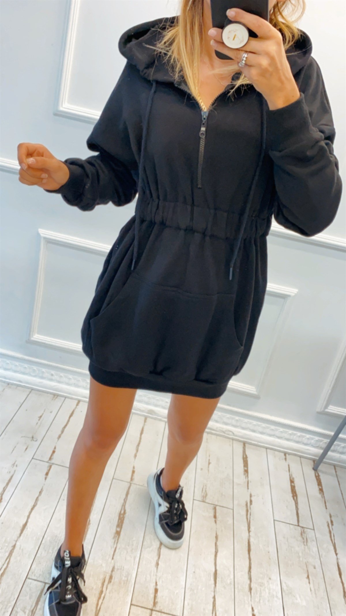 Kapüşonlu Siyah Beli Lastikli Sweat Elbise