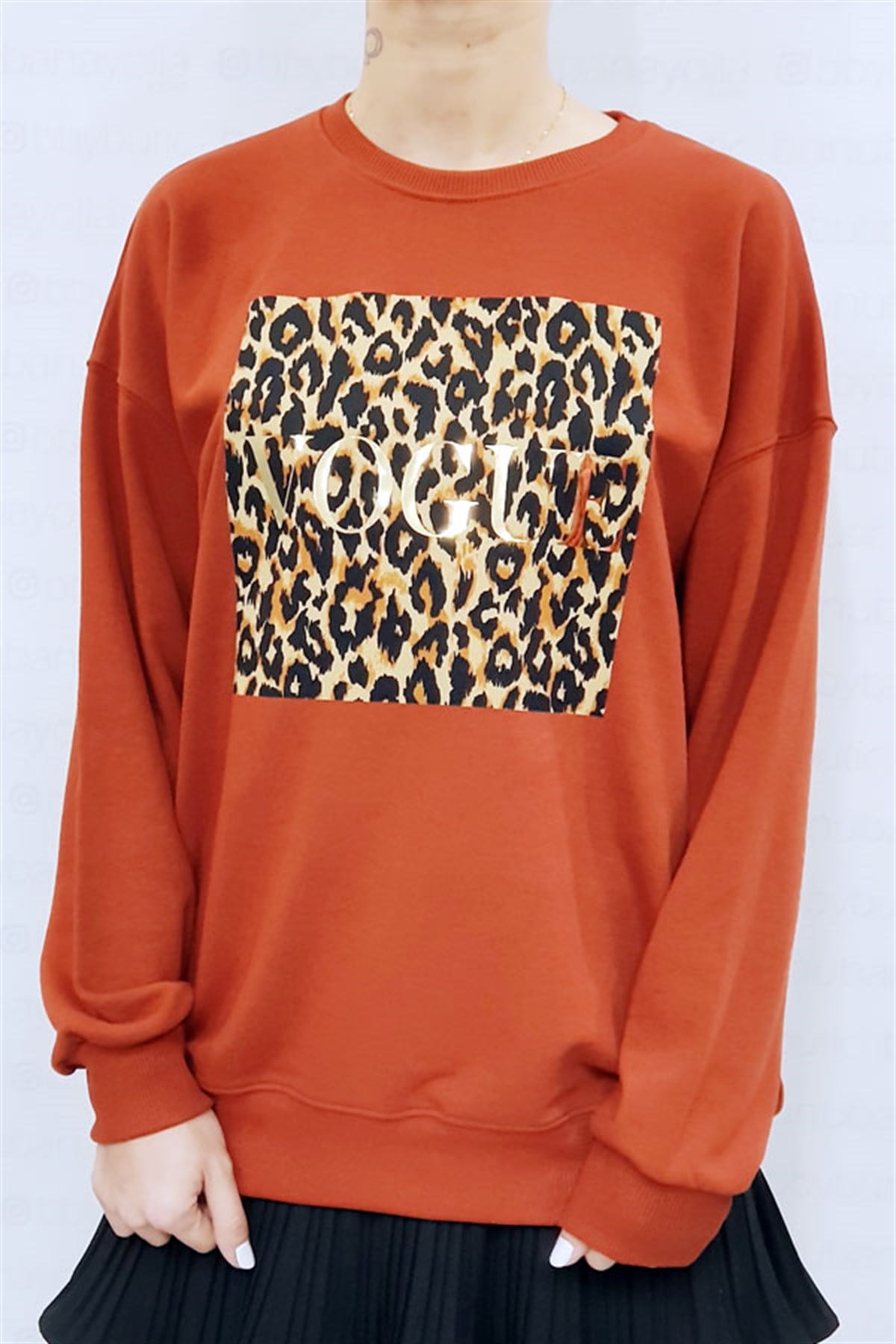 Kare Leopar Desen Vogue Kiremit Sweatshirt
