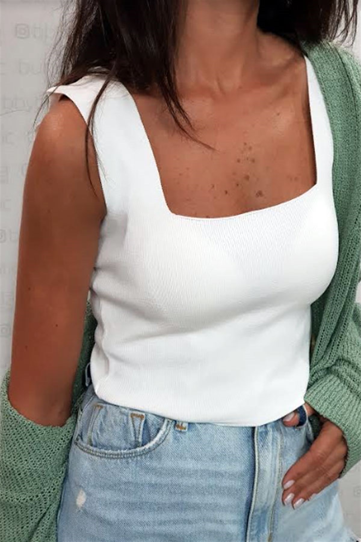 Kare Yaka Triko Mini Crop Bluz