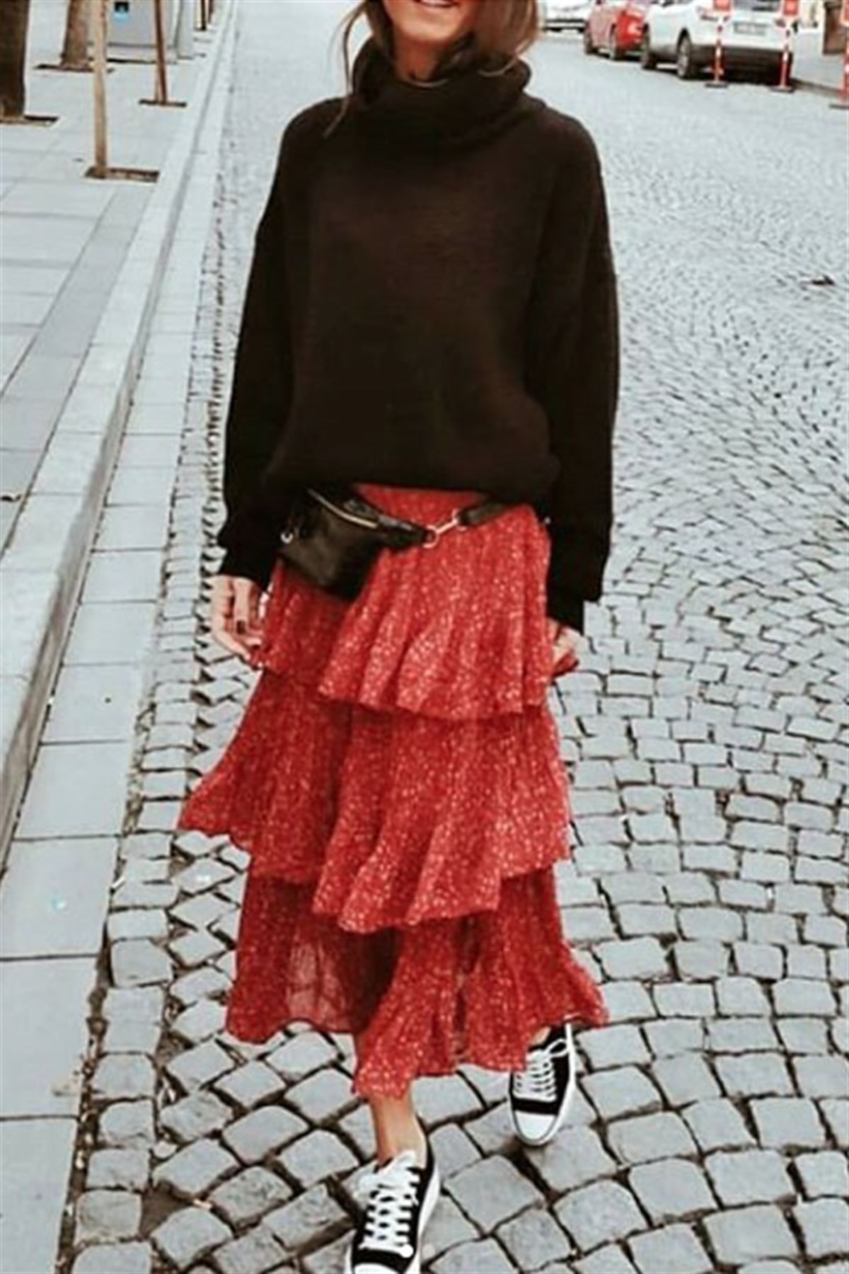 Kat Kat Şifon Desenli Pliseli Kırmızı Etek