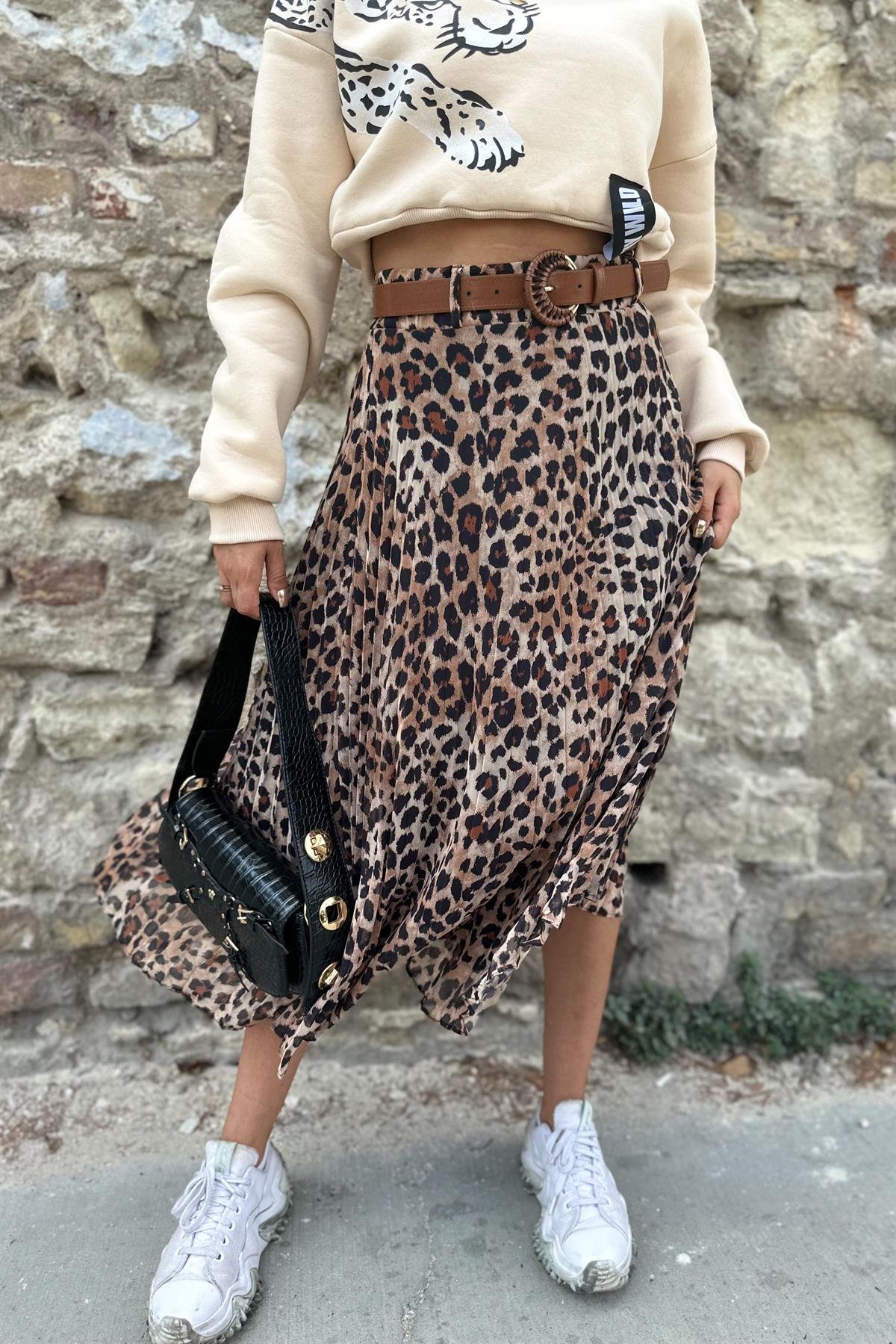 Kemer Detaylı Leopar Midi Etek ETEK