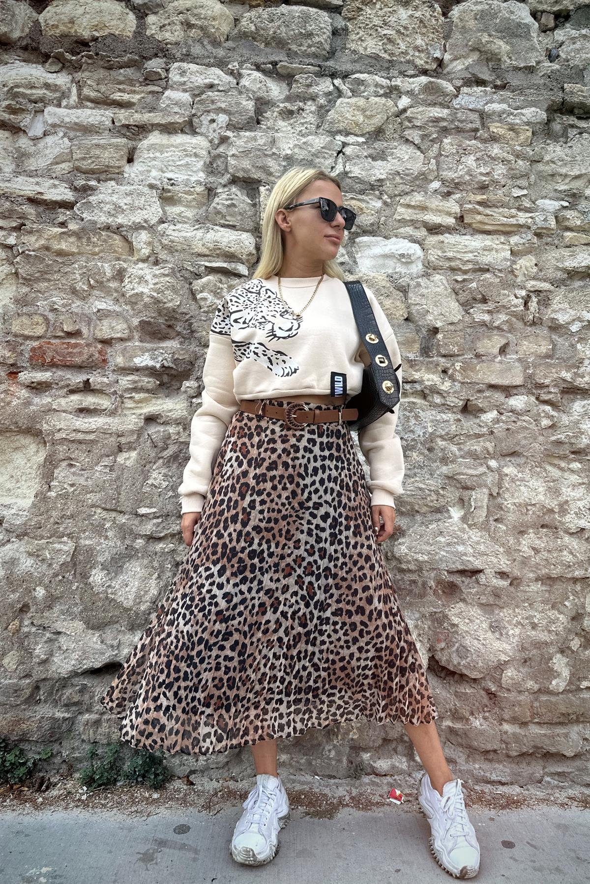 Kemer Detaylı Leopar Midi Etek ETEK