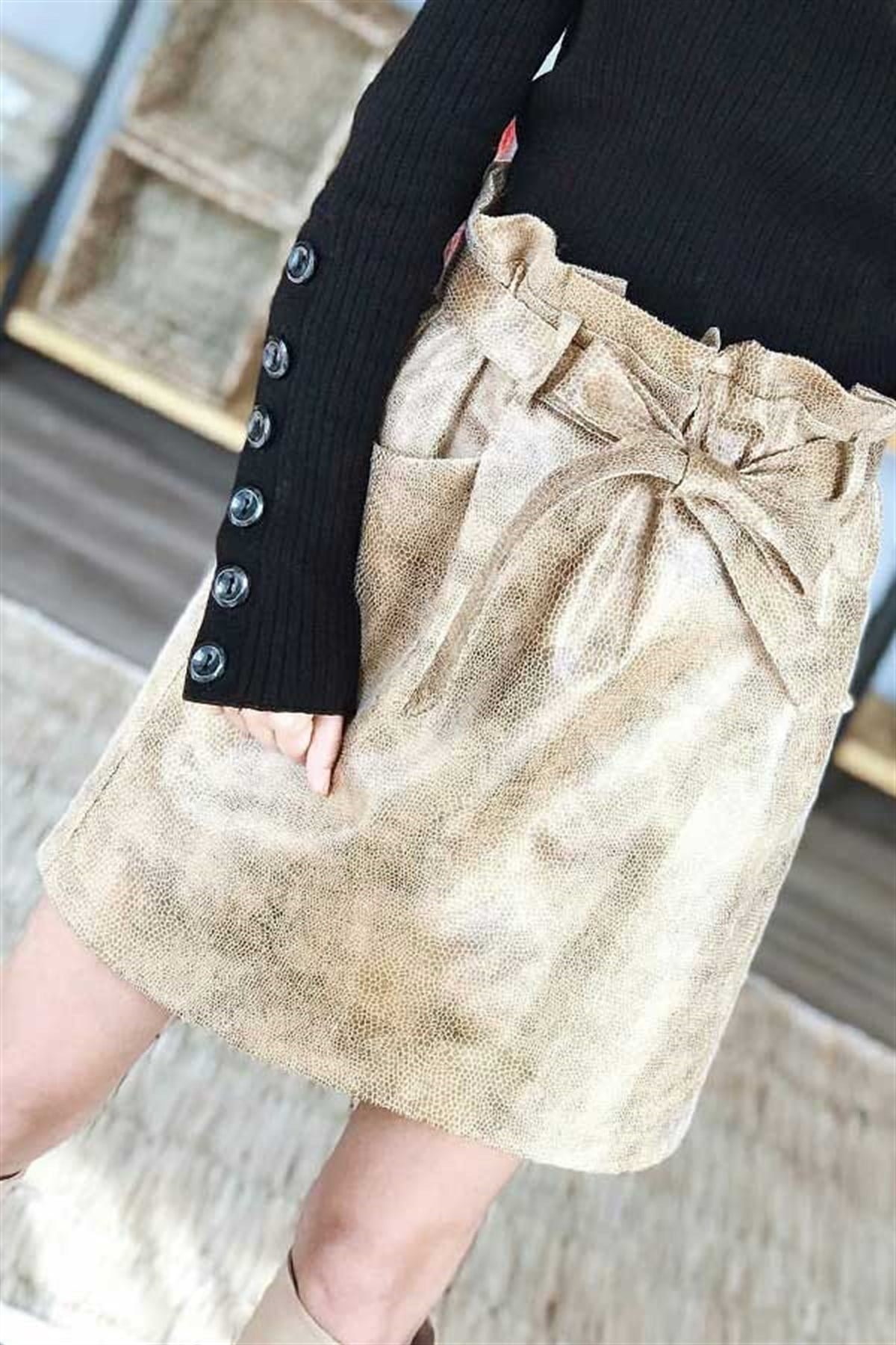 Kemerli Taba Midi Deri Etek