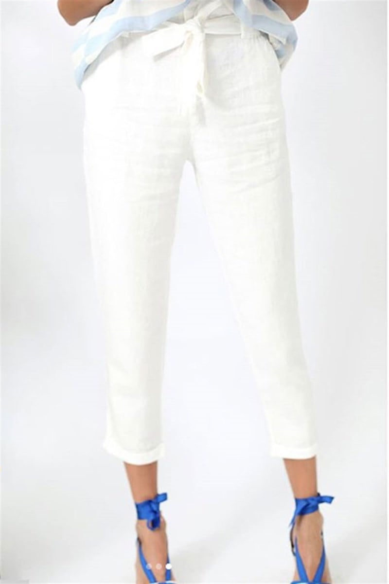 Kendinden Kemerli Ham Keten Pantalon