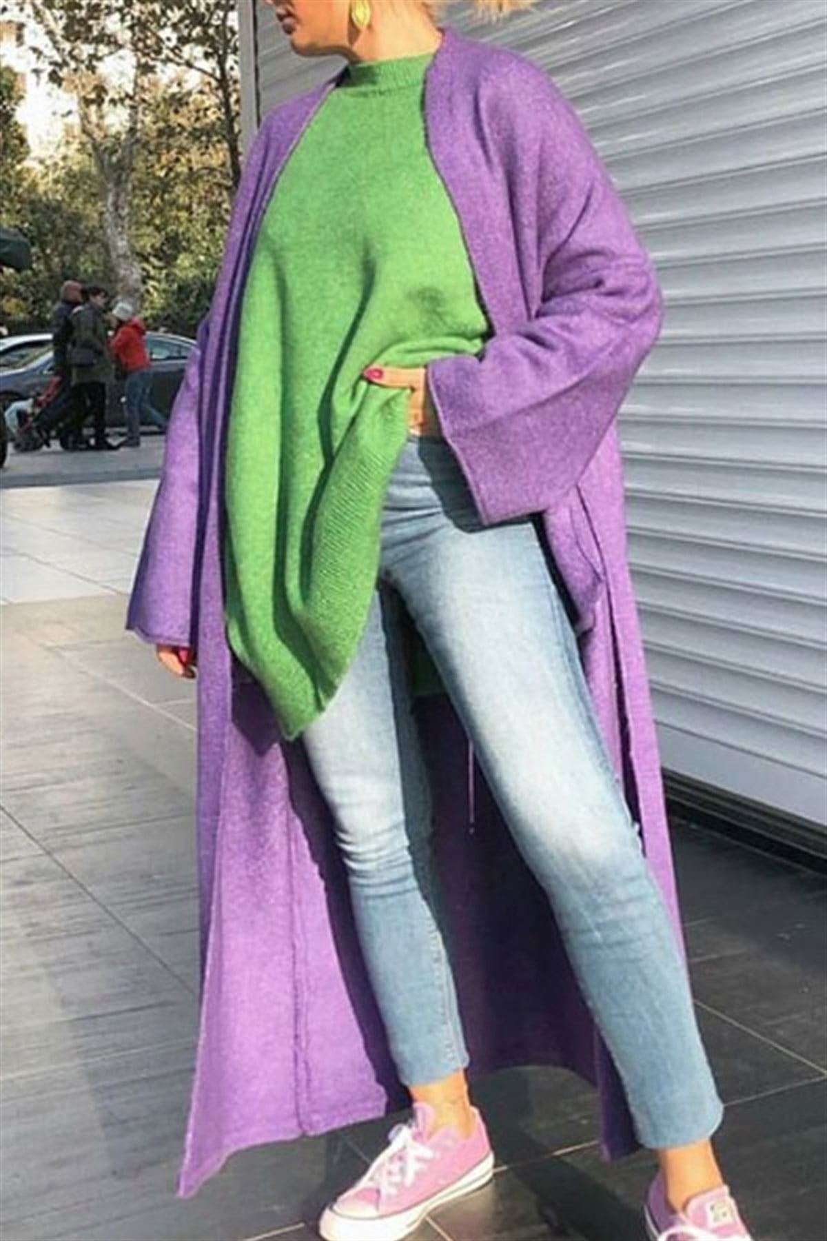 Kimono Kollu Maxi Eflatun Hırka
