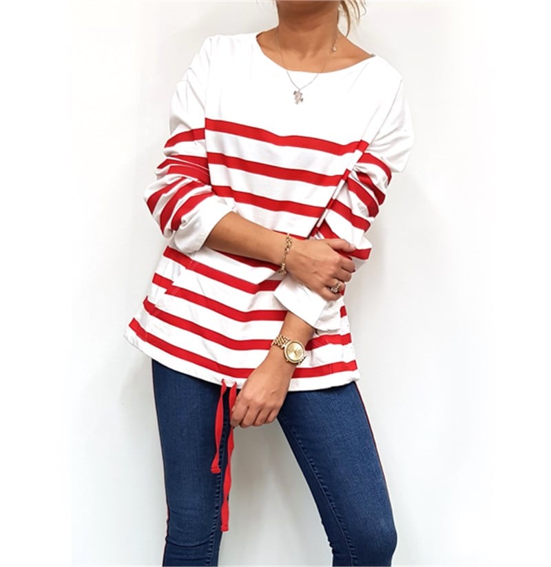 Kırmızı Çizgili Cepli Salaş Sweatshirt