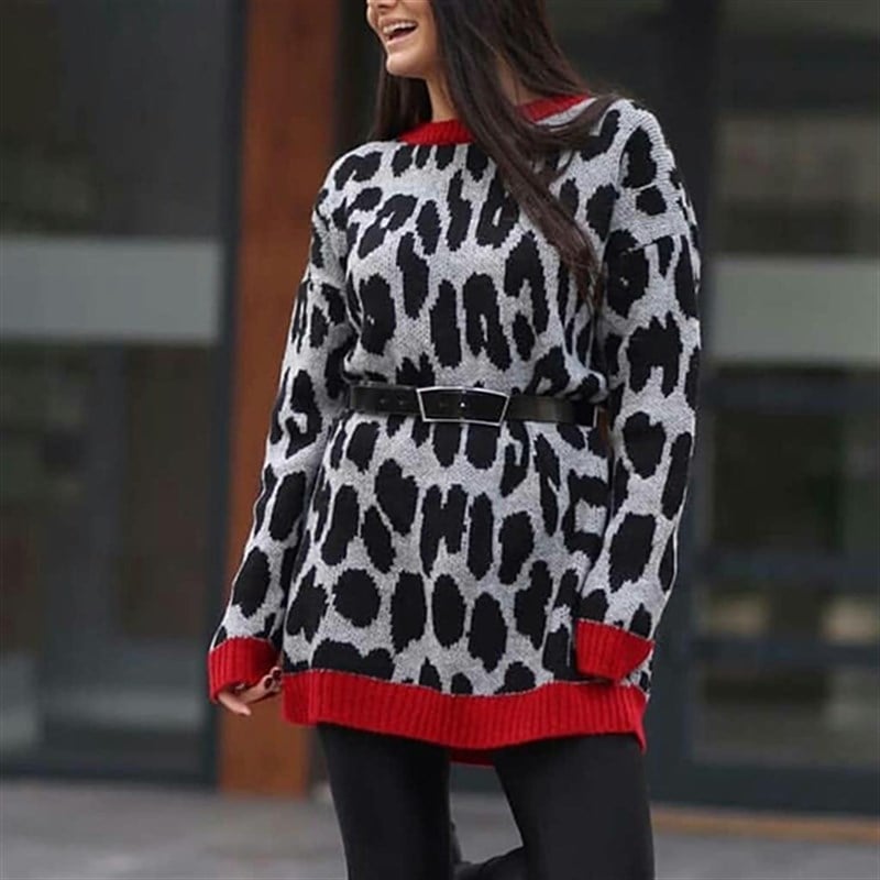 Kırmızı Detaylı Leopar Kazak