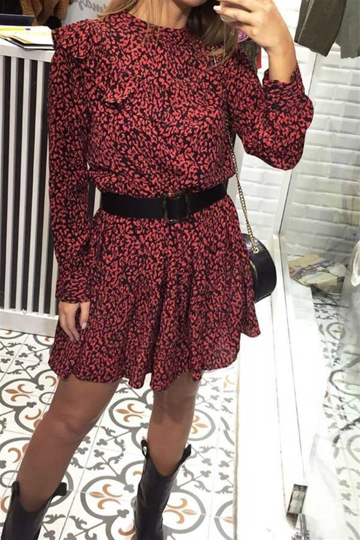 Kırmızı Leopar Mini Elbise