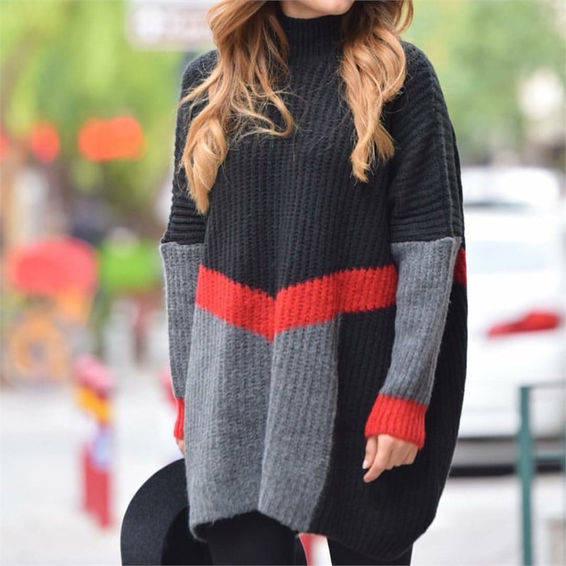 Kırmızı Şeritli Oversize Triko