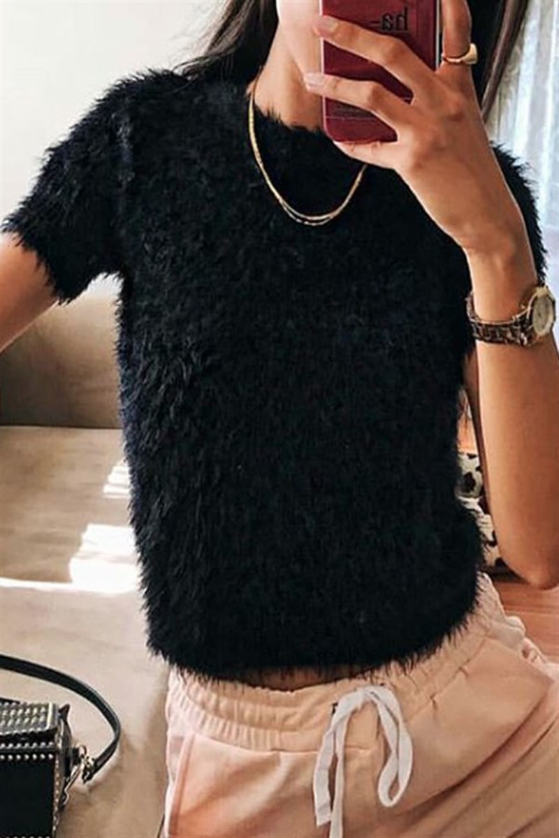 Kısa Kollu Peluş Siyah Crop Kazak