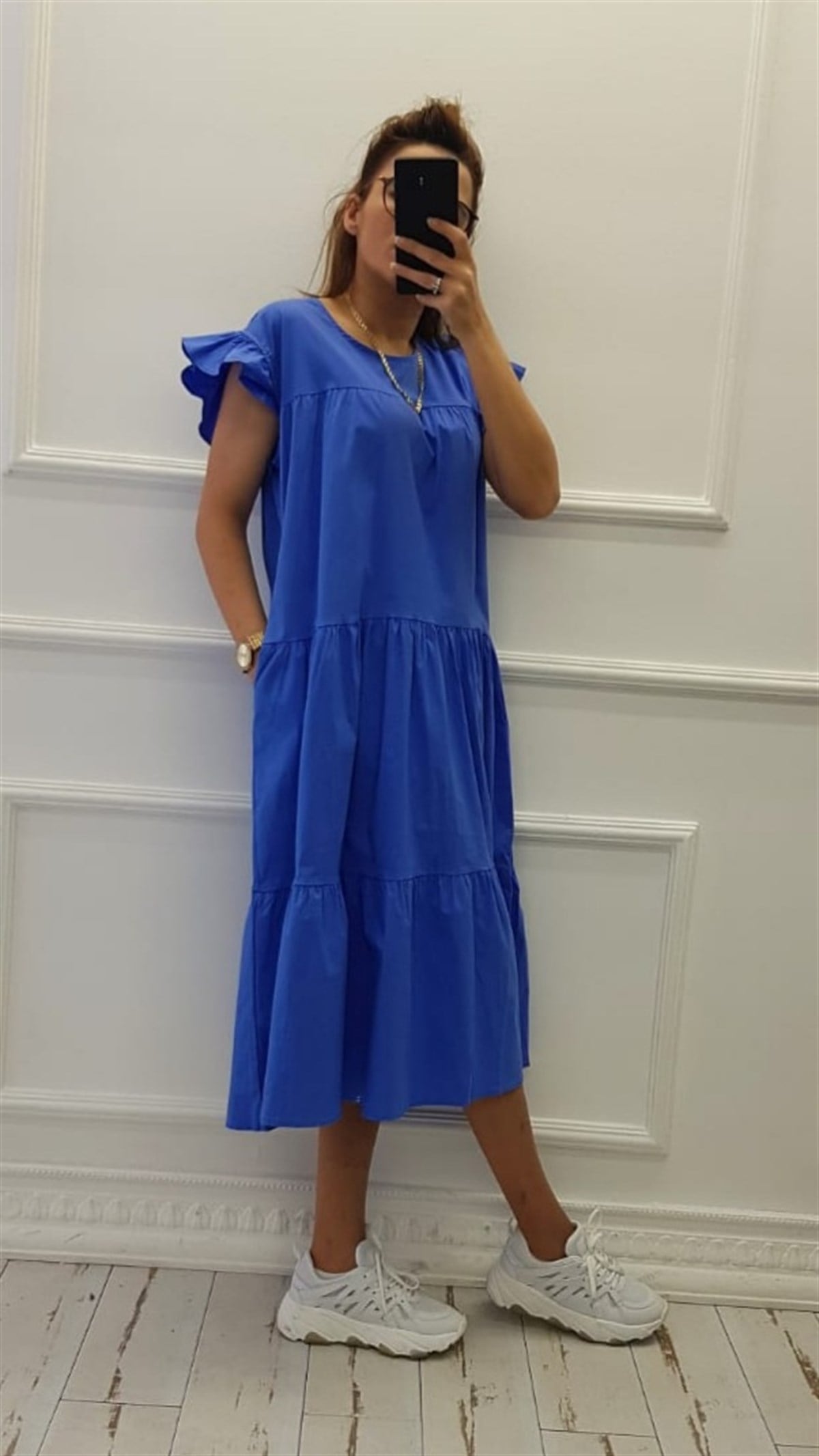 Kolları Fırfır Detay Cepli Poplin Elbise