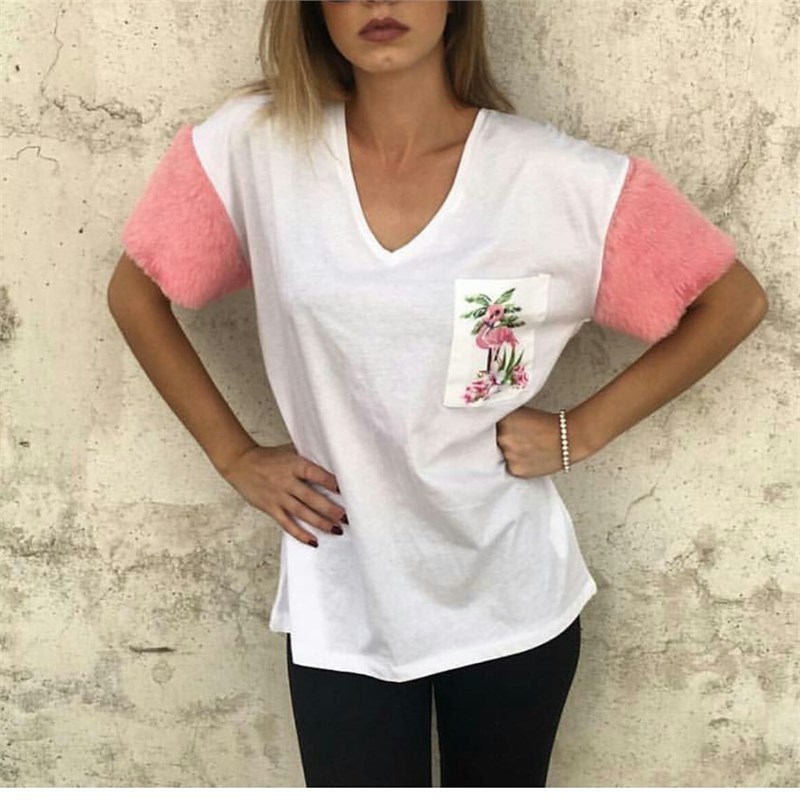 Kolları Peluş Filamingo Detay Tshirt