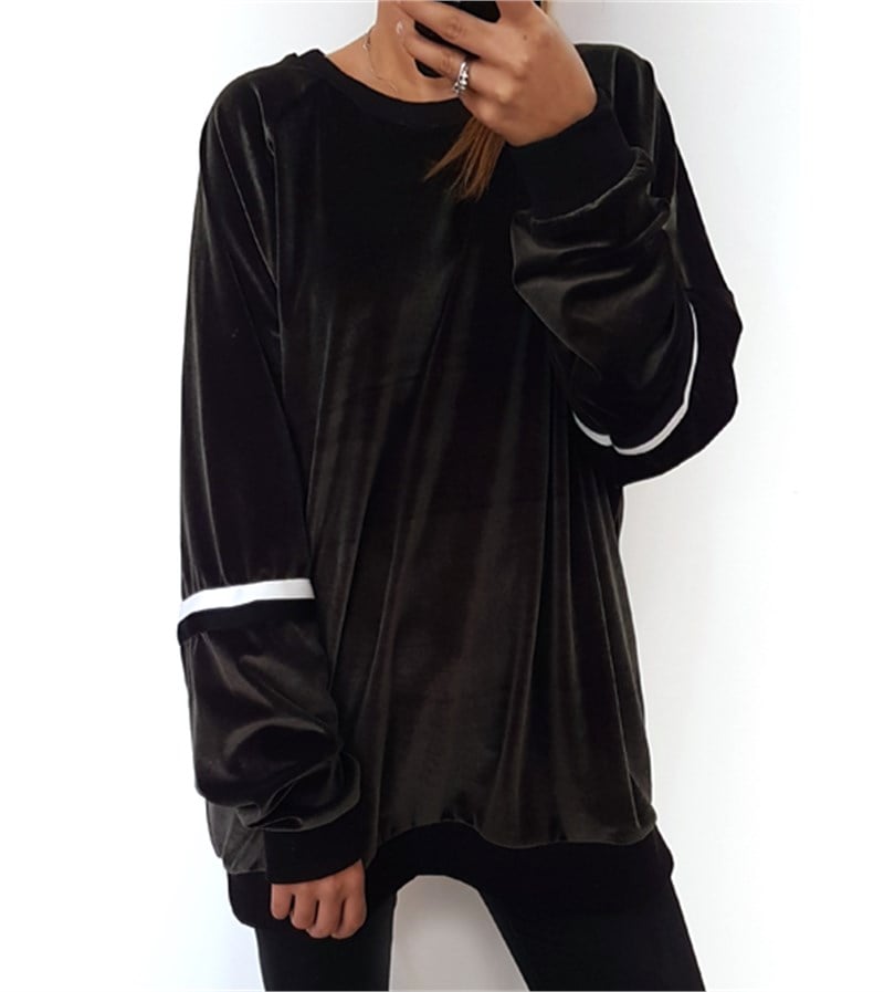 Kolu Şeritli Kadife Tunik Sweatshirt