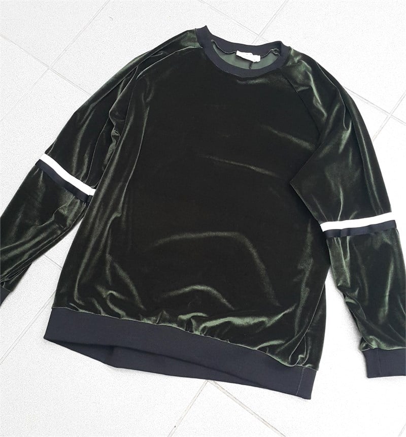 Kolu Şeritli Kadife Tunik Sweatshirt
