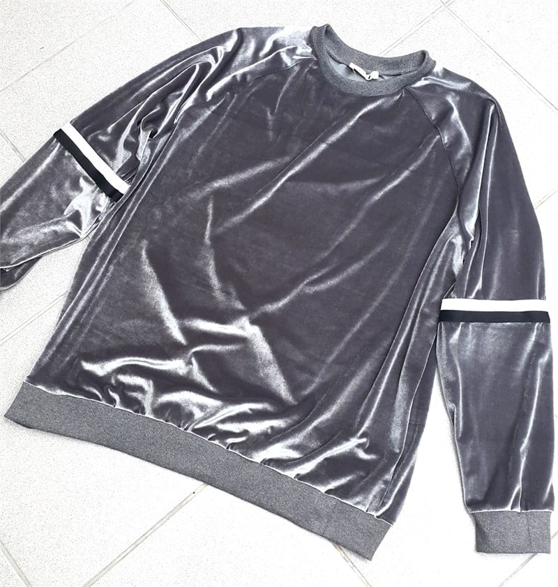 Kolu Şeritli Kadife Tunik Sweatshirt