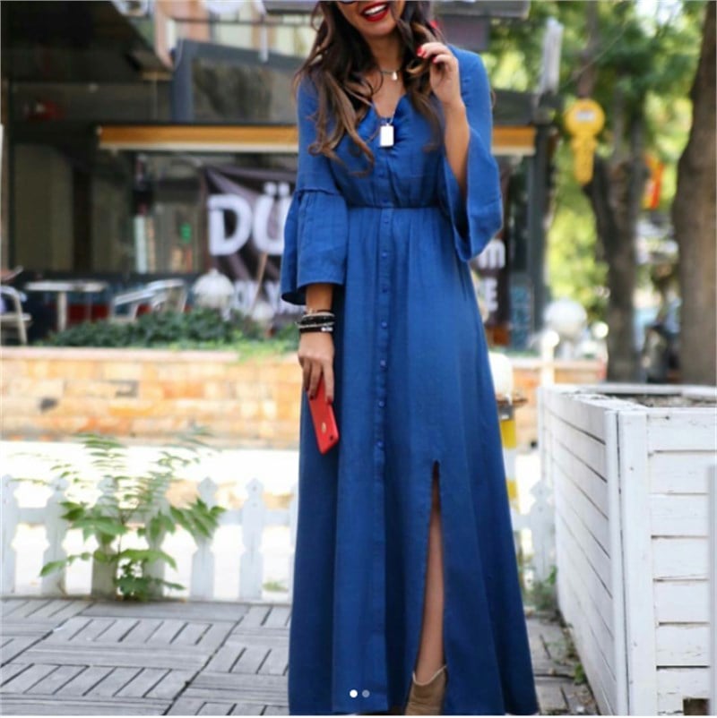 Kolu Volanlı Düğmeli Maxi Elbise