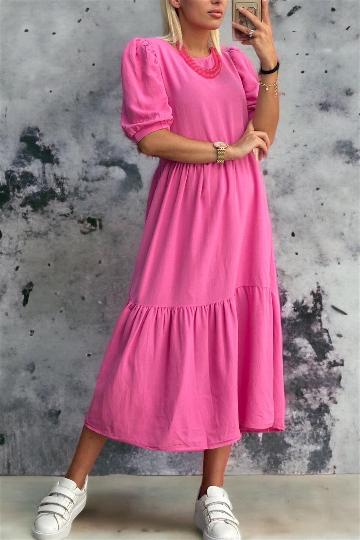Kolyeli Pembe Keten Midi ElbiseELBİSE