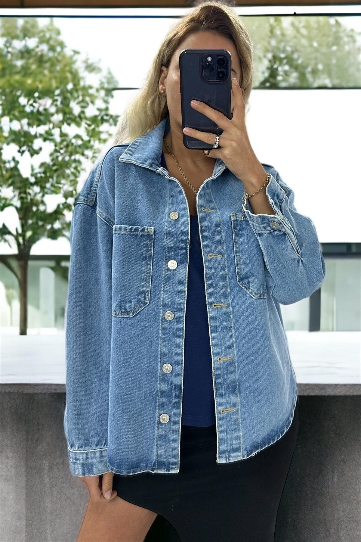 Koyu Mavi Oversize Denim GömlekGÖMLEK