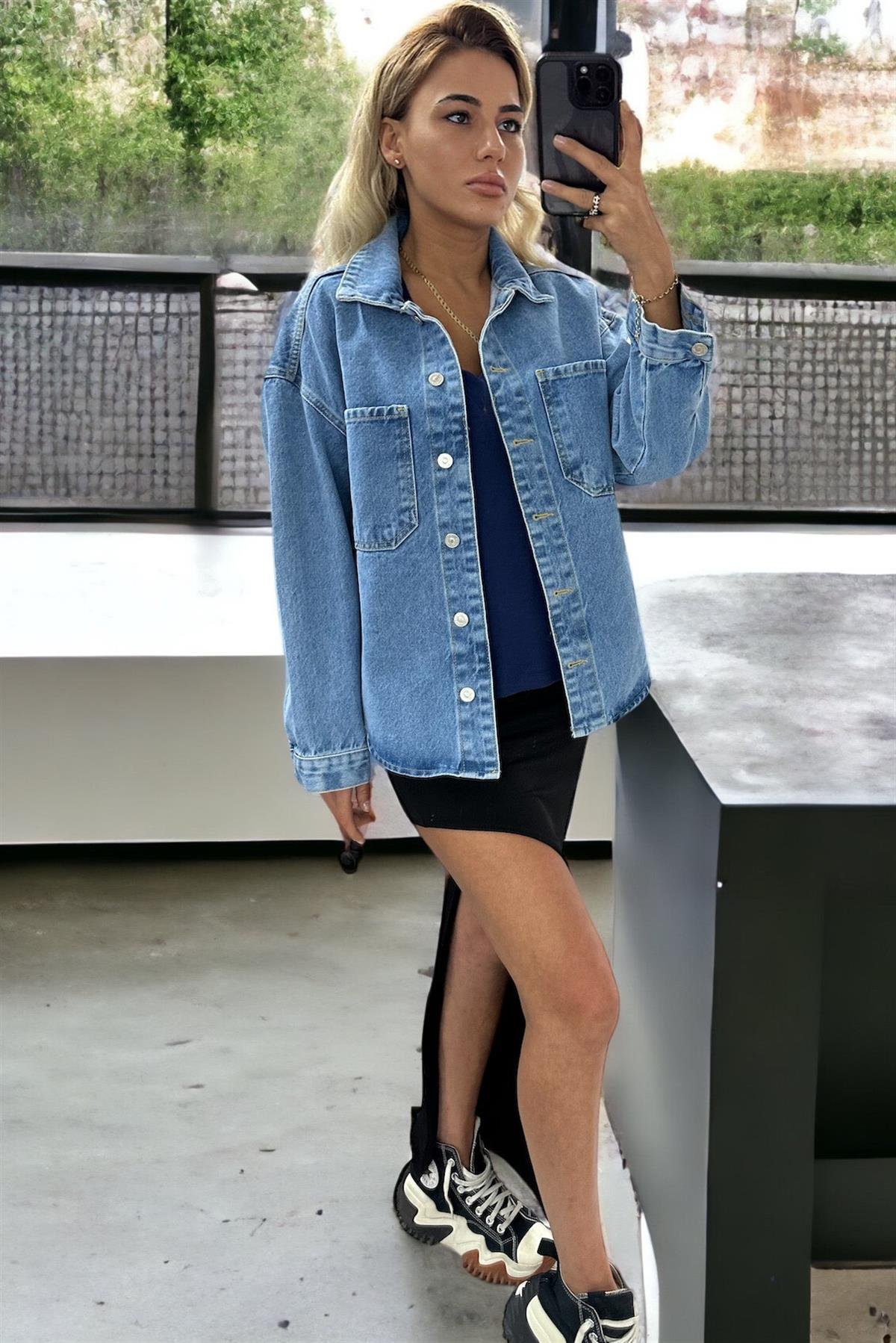 Koyu Mavi Oversize Denim GömlekGÖMLEK